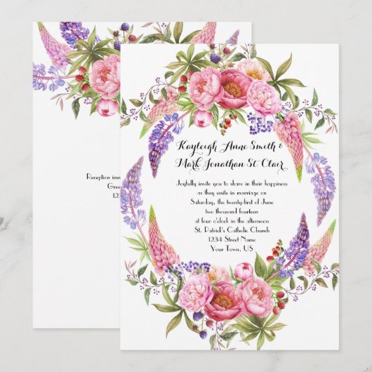 Invitation Pink Purple Lupines Peonies Aquarelle Mariages (Devant / Derrière)