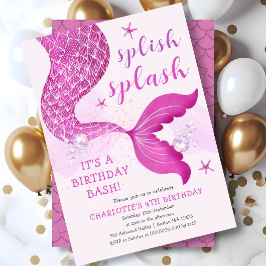 Invitation Pink Purple Mermaid Queue Anniversaire