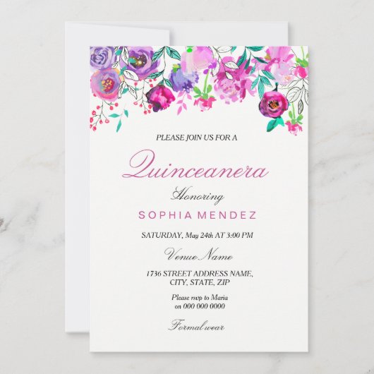 Invitation Pink Purple Mint Aquarelle Fleurs Quinceanera (Devant)