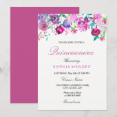 Invitation Pink Purple Mint Aquarelle Fleurs Quinceanera (Devant / Derrière)