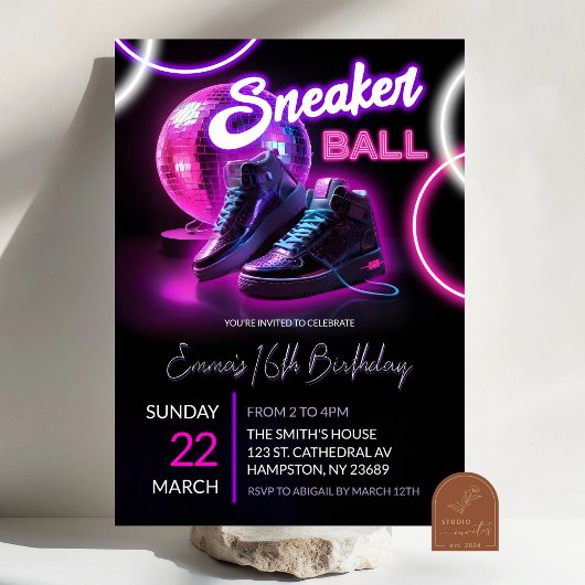 Invitation Pink Purple Neon Discoball Sneakerball Anniversair