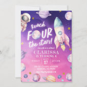 Invitation Pink Purple Planet Space Girl 4e anniversaire (Devant)