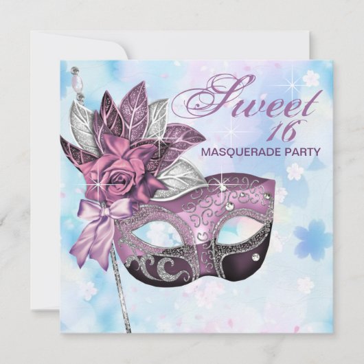 Invitation Pink Purple Sweet 16 Masquerade Party (Devant)