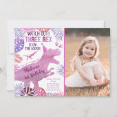 Invitation Pink Purple Trois Rex Girl Dinosaur Anniversaire (Devant)
