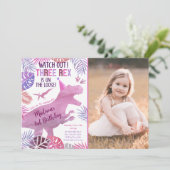 Invitation Pink Purple Trois Rex Girl Dinosaur Anniversaire (Debout devant)