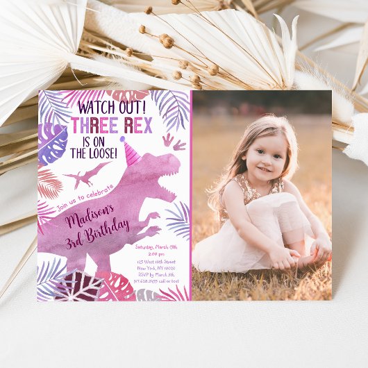 Invitation Pink Purple Trois Rex Girl Dinosaur Anniversaire