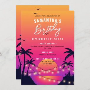 Invitation Pink & Purple Tropical Beach Sunset Anniversaire