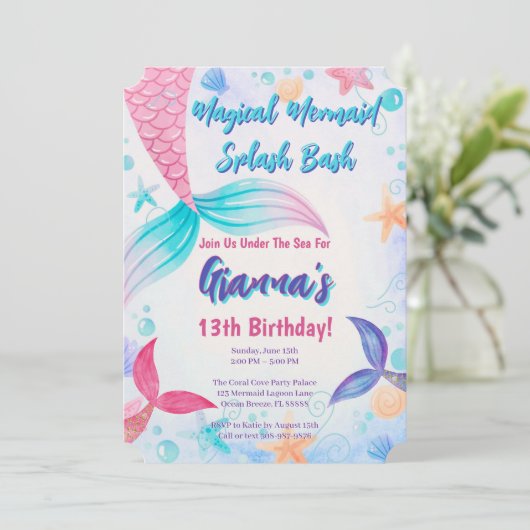 Invitation Pink Purple Turquoise Sirène Splash fête d'anniver (Debout devant)