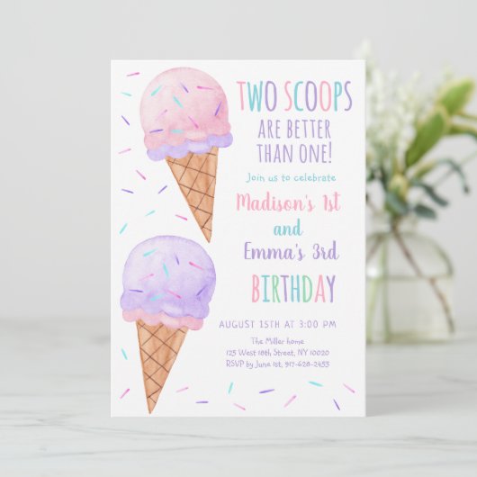 Invitation Pink Purple Two Scoops Ice Cream Joint Anniversair (Debout devant)