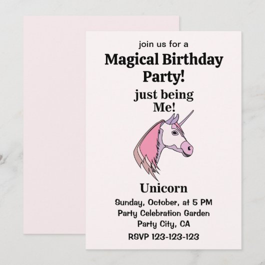 Invitation Pink Purple Unicorn Head Magical Birthday Party (Devant / Derrière)