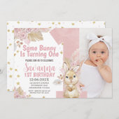 Invitation Pink Quelques Bunny Boho Floral 1er Anniversaire (Devant / Derrière)