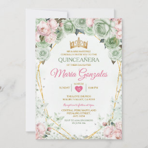 Invitation Pink Quinceañera Sage Vert Papillon mexicain mexic