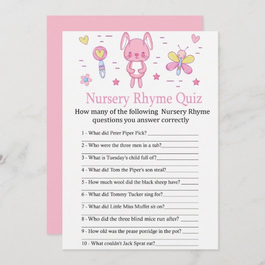Invitation Pink Rabbit Nursery Rhyme Quiz jeu de baby shower (Devant / Derrière)