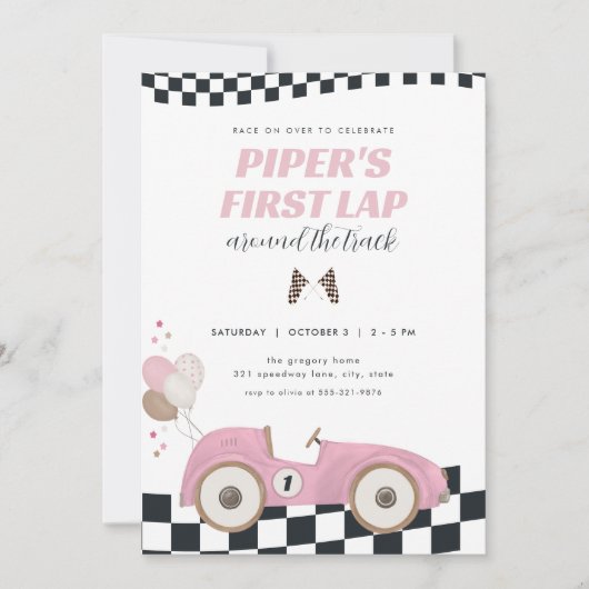 Invitation Pink Race Car First Lap Around the Track Birthday (Devant)
