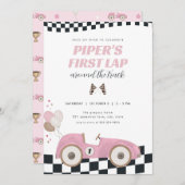 Invitation Pink Race Car First Lap Around the Track Birthday (Devant / Derrière)