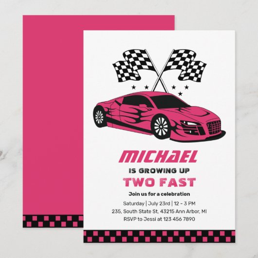 Invitation Pink Race Car Two Fast Boys 2e Anniversaire (Devant / Derrière)