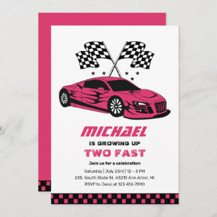 Invitation Pink Race Car Two Fast Boys 2e Anniversaire