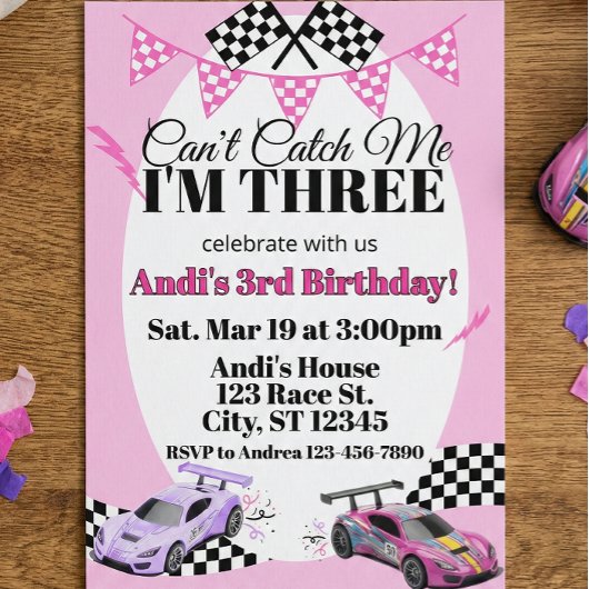 Invitation Pink Racecar, Can't Catch Me 3rd Birthday