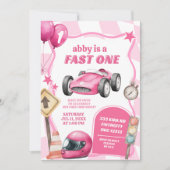 Invitation Pink Racing Car Fast One Girl Premier anniversaire (Devant)