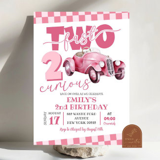 Invitation Pink Racing Car Two Fast Two Curious 2e Anniversai