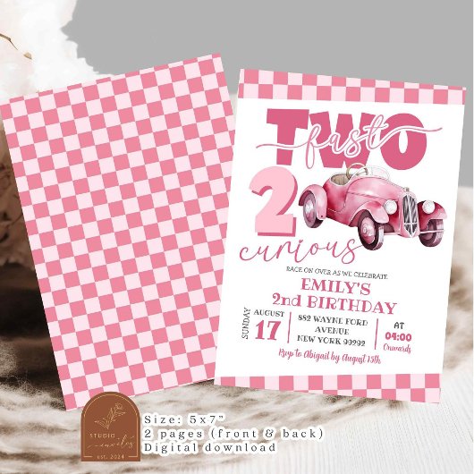 Invitation Pink Racing Car Two Fast Two Curious 2e Anniversai