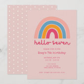 Invitation Pink Rainbow Hello Seven Girl 7th Birthday Party (Devant / Derrière)