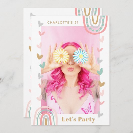 Invitation Pink Rainbow Modern Boho 21e fête d'anniversaire (Devant / Derrière)