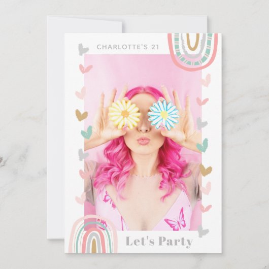 Invitation Pink Rainbow Modern Boho 21e fête d'anniversaire (Devant)