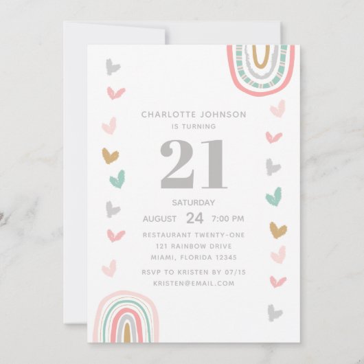Invitation Pink Rainbow Modern Boho 21e fête d'anniversaire (Dos)