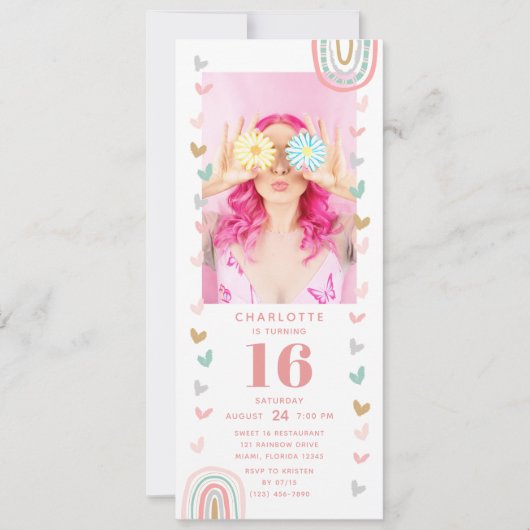 Invitation Pink Rainbow Sweet 16 moderne Photo Anniversaire (Devant)