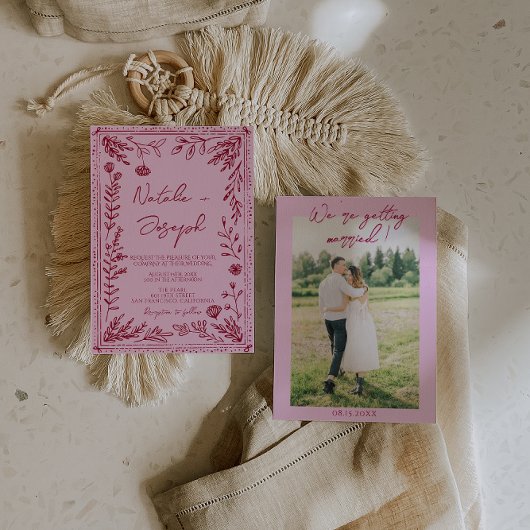 Invitation Pink Raspberry Drawn Floral Garden Photo Wedding  