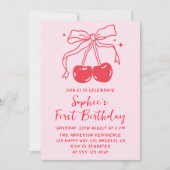 Invitation Pink & Red Bow Cherry Fruit 1st Birthday Party (Devant)