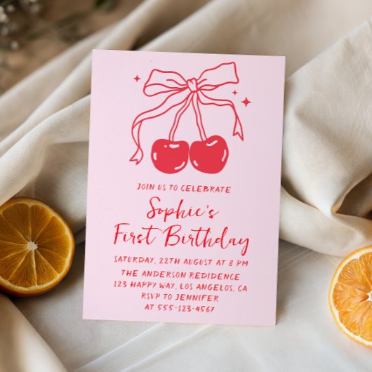 Invitation Pink & Red Bow Cherry Fruit 1st Birthday Party