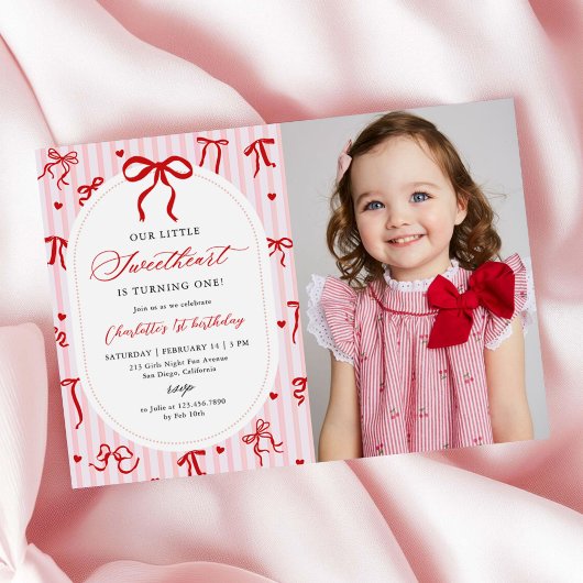 Invitation Pink Red Coquette Bow Valentine 1st Birthday Photo