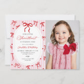 Invitation Pink Red Coquette Bow Valentine 1st Birthday Photo (Devant)