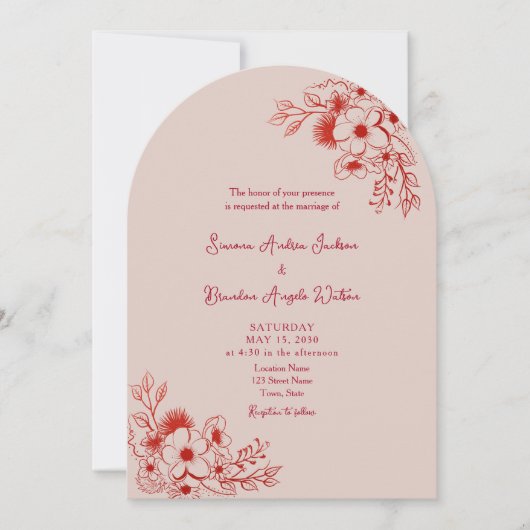 Invitation Pink Red Floral QR Code Wedding (Devant)
