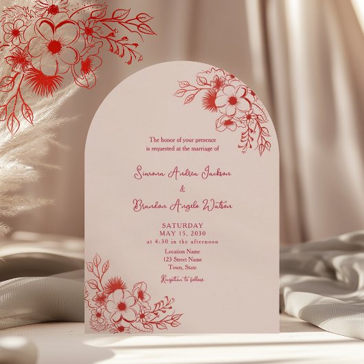 Invitation Pink Red Floral QR Code Wedding