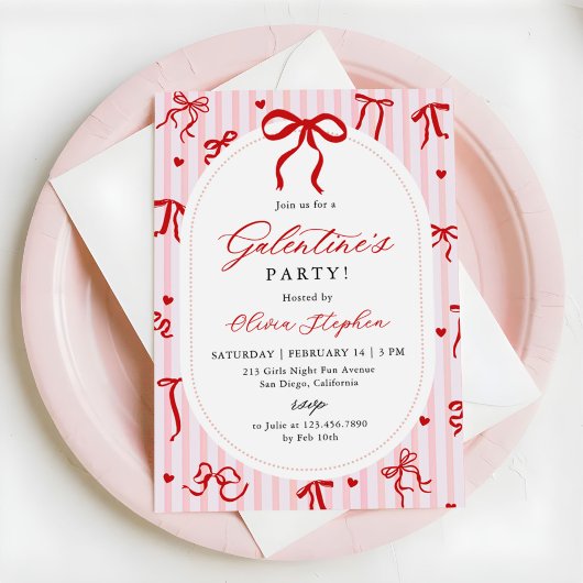 Invitation Pink Red Galentine's Day Party Coquette Bow