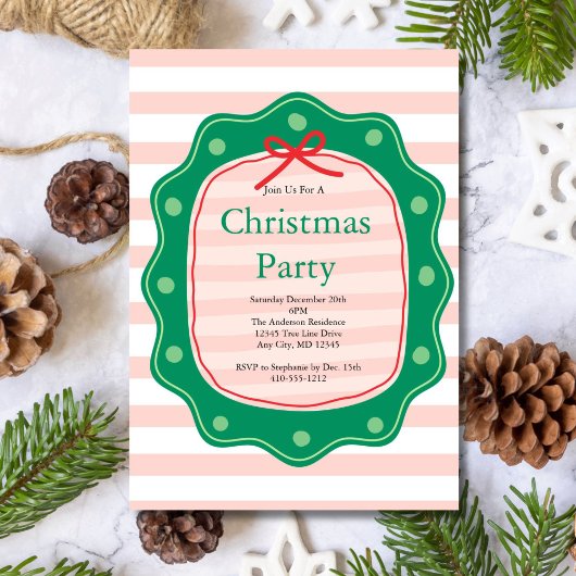Invitation Pink Red Green Coquette Bow Stripe Christmas Party
