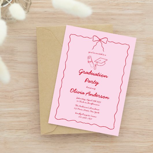Invitation Pink Red Hand Drawn Bow Squiggle Graduation Party