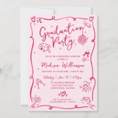 Invitation Pink Red Hand Drawn Doodles Graduation Retro Party (Devant)