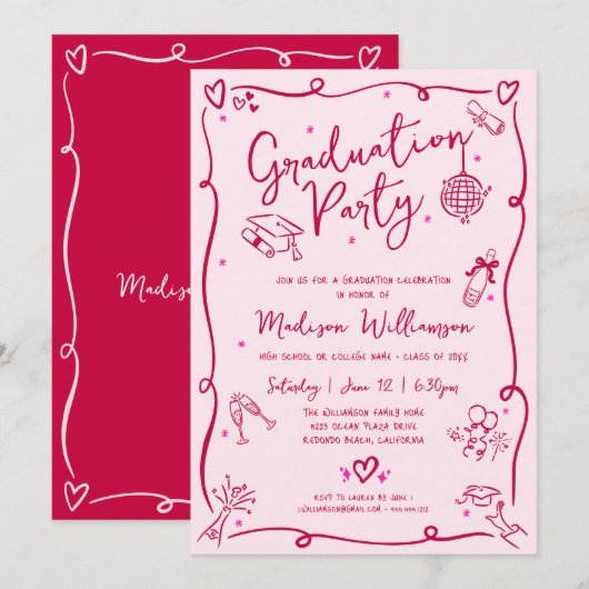 Invitation Pink Red Hand Drawn Doodles Graduation Retro Party (Devant / Derrière)