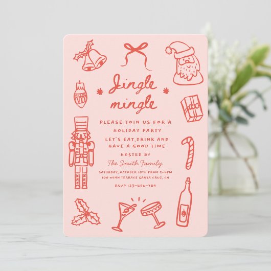 Invitation Pink Red Hand Drawn Funky Christmas Party