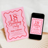 Invitation Pink Red Retro 18th Birthday Wavy Border