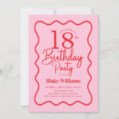 Invitation Pink Red Retro 18th Birthday Wavy Border (Devant)