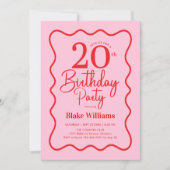 Invitation Pink Red Retro 20th Birthday Wavy Border (Devant)