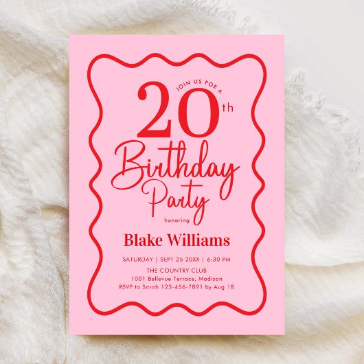 Invitation Pink Red Retro 20th Birthday Wavy Border