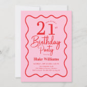 Invitation Pink Red Retro 21st Birthday Wavy Border (Devant)