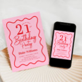Invitation Pink Red Retro 21st Birthday Wavy Border