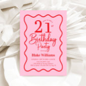 Invitation Pink Red Retro 21st Birthday Wavy Border